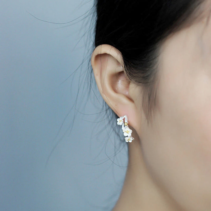 Boucles d'oreilles en argent sterling 925 Buddha Stones et fleurs de prunier