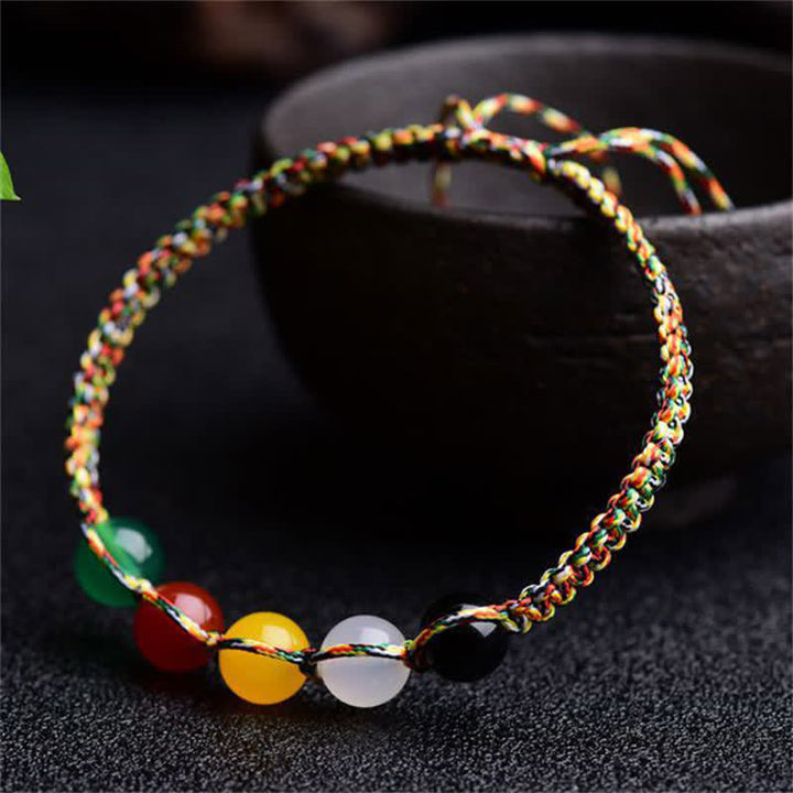 Bracelet en fil d'agate colorée, métal, bois, eau, feu, terre, cinq éléments