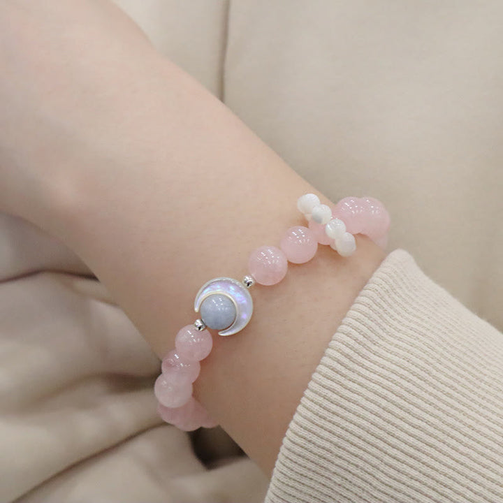 Buddha Stones de guérison en forme de croissant de lune en argent sterling 925 avec améthyste naturelle et aigue-marine en cristal rose œil de chat