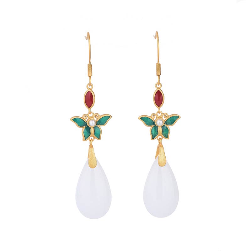 Boucles d'oreilles pendantes porte-bonheur en jade blanc Feng Shui Buddha Stones