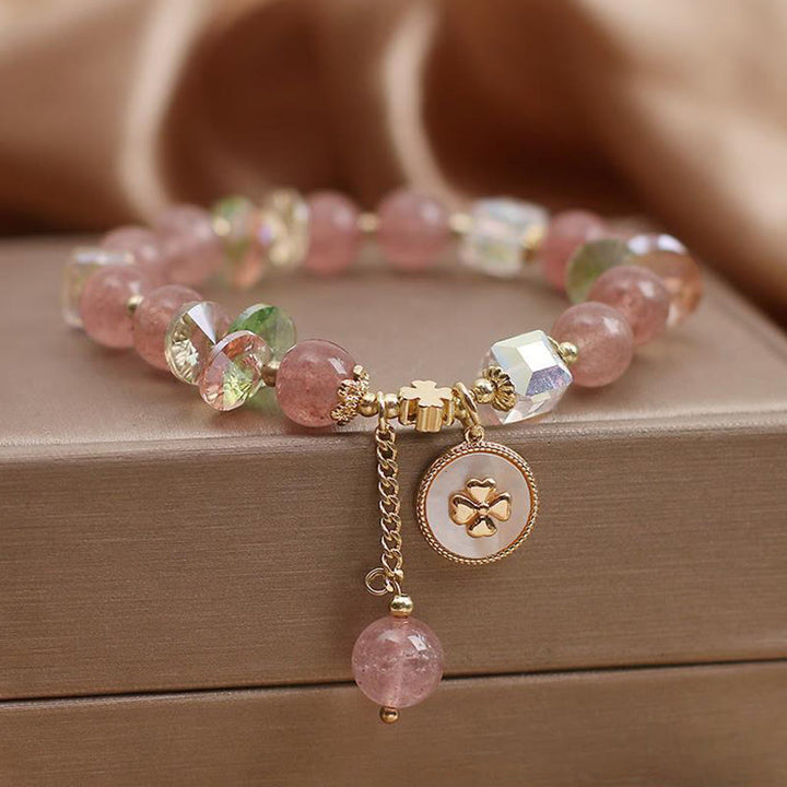 Bracelet porte-bonheur en quartz fraise et trèfle à quatre feuilles avec breloque de guérison et Buddha Stones