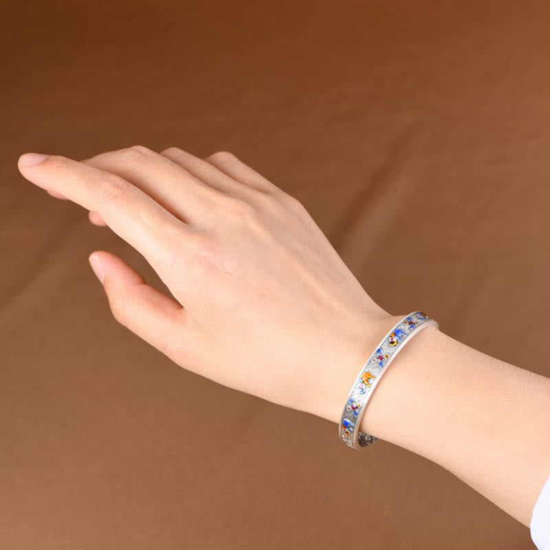 Bracelet manchette en argent sterling 999 avec Buddha Stones et éléphant