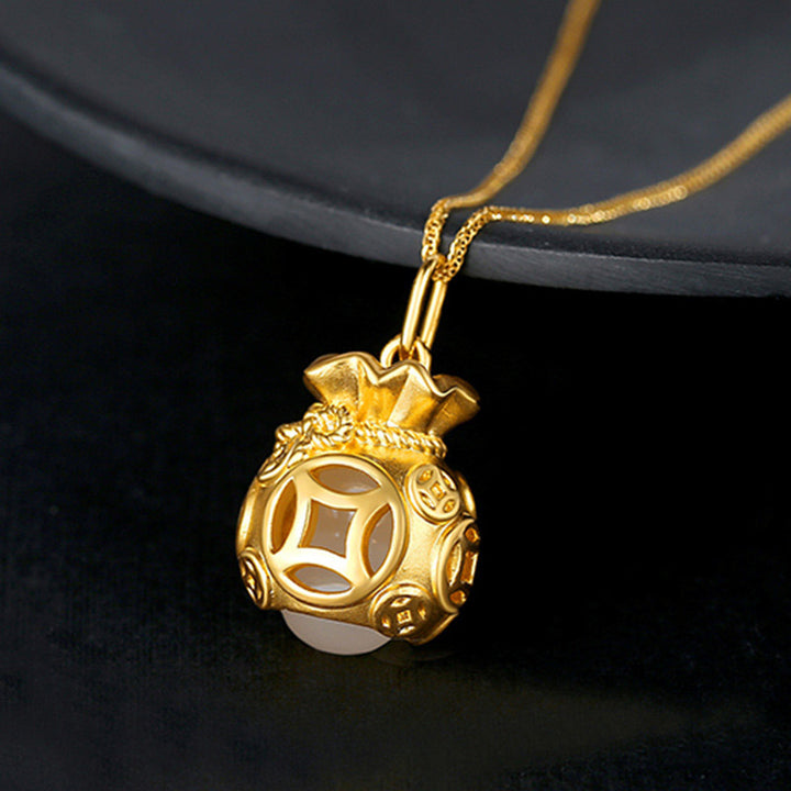 Collier pendentif en jade Buddha Stones et sac d'argent Feng Shui de bon augure