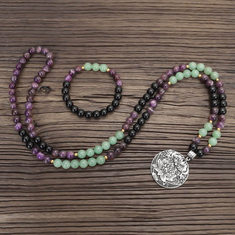 Bracelet de méditation Lotus en aventurine verte et améthyste avec 108 perles de Mala Buddha Stones - image 12