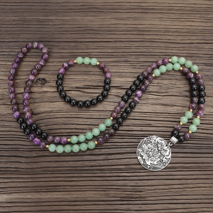 Bracelet de méditation Lotus en aventurine verte et améthyste avec 108 perles de Mala Buddha Stones - image 12