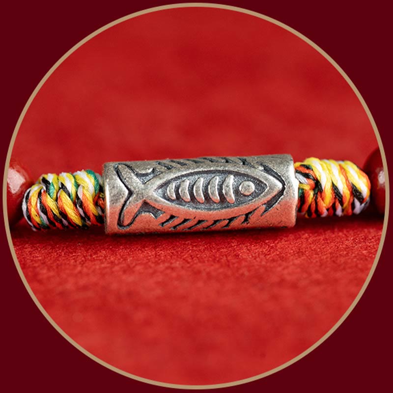 Bracelet de cheville tressé artisanal en argent sterling 925 avec perles de cinabre et poisson koï de Buddha Stones