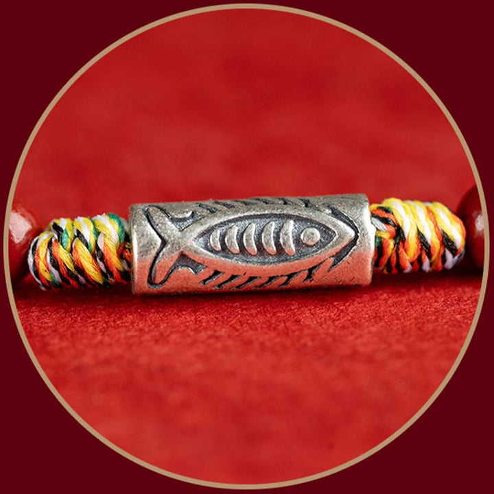 Bracelet de cheville tressé artisanal en argent sterling 925 avec perles de cinabre et poisson koï de Buddha Stones