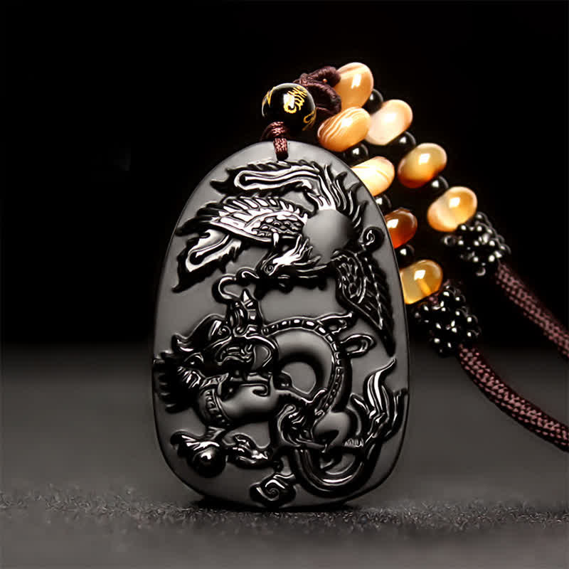 Collier avec pendentif en perles de protection en obsidienne noire œil de tigre dragon phénix - image 1