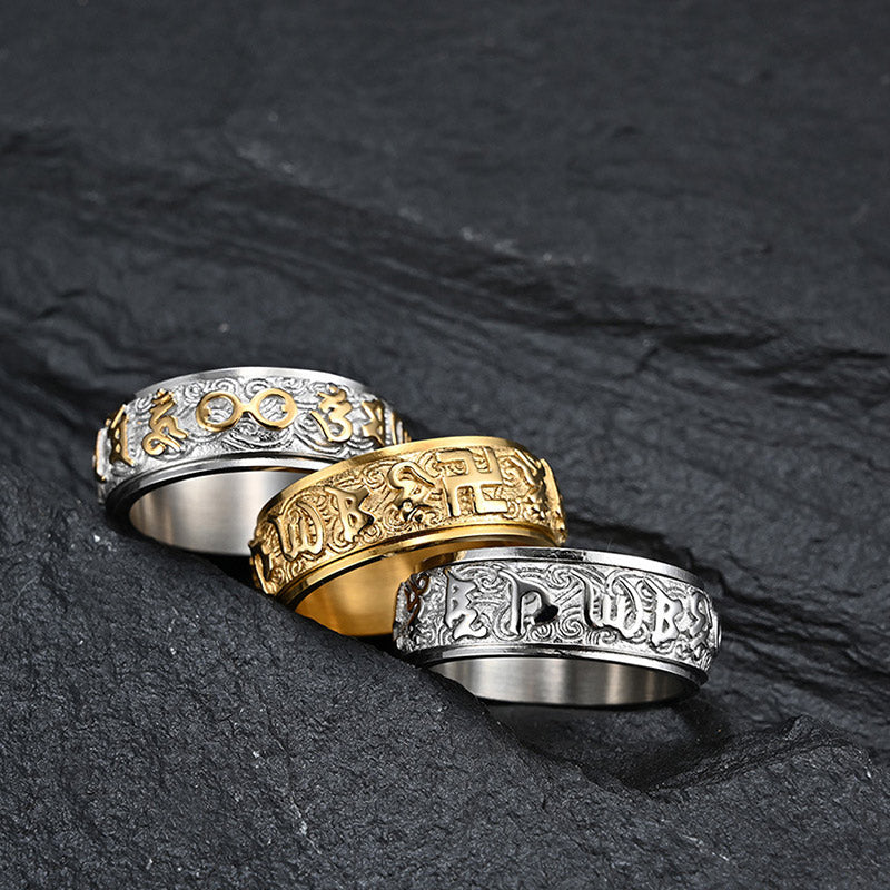 Bague en acier titane Buddha Stones Six True Words Équilibre Calme