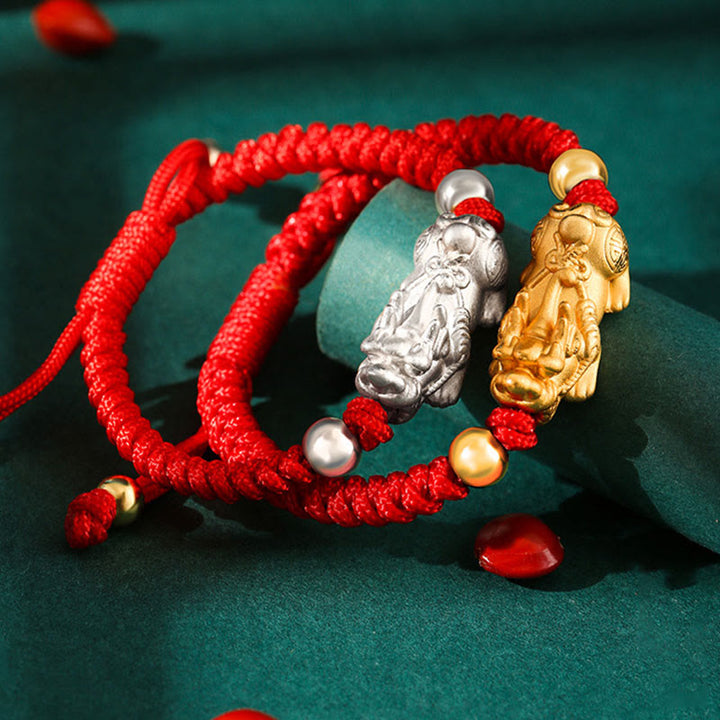 Bracelet tressé pour enfants en argent sterling 999 avec Buddha Stones et nœuds PiXiu Wealth King Kong