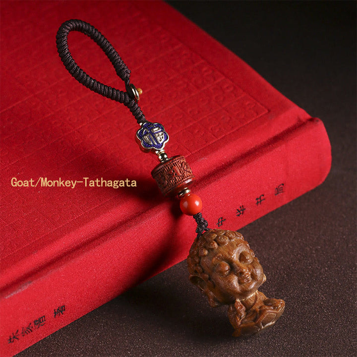 Porte-clés Bouddha du zodiaque chinois en bois de santal vert Om Mani Padme Hum Peace