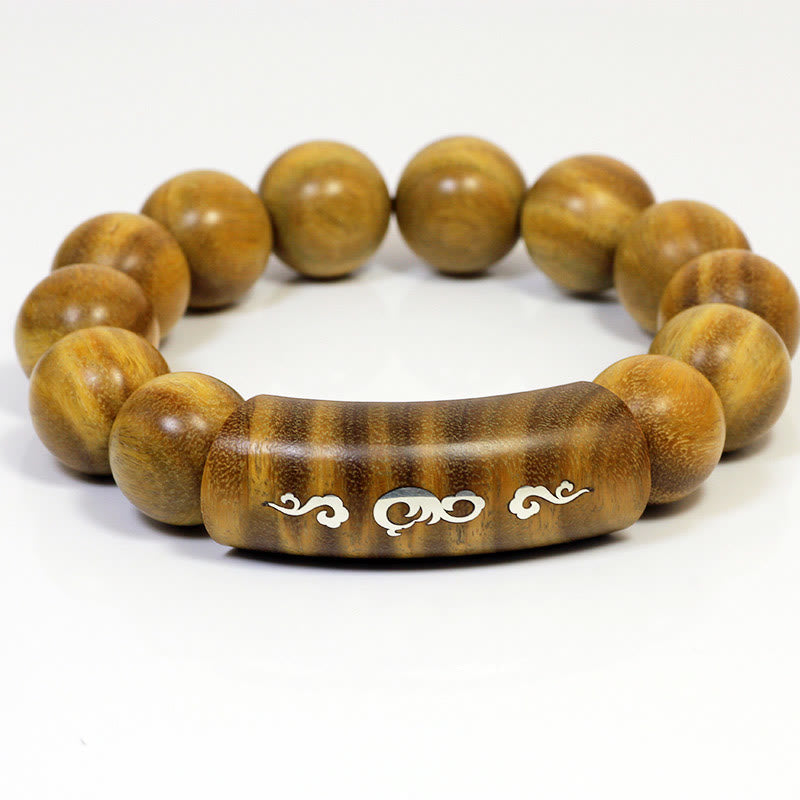 Bracelet de paix incrusté de Buddha Stones en argent sterling 999 et bois de santal vert Om Mani Padme Hum Dragon Phoenix Dharmachakra