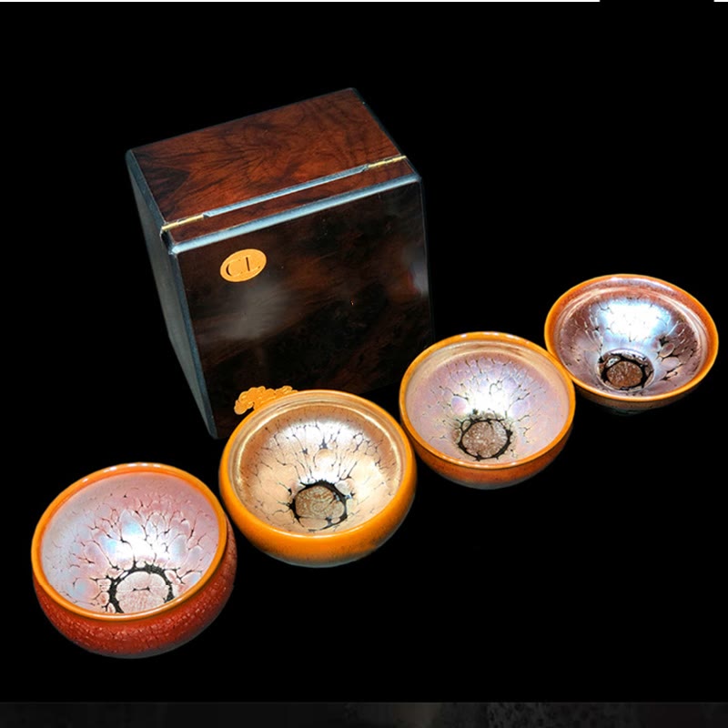 Tasse à thé en céramique chinoise Jianzhan avec motif de taches dorées et Buddha Stones , tasse à thé Kung Fu avec boîte cadeau