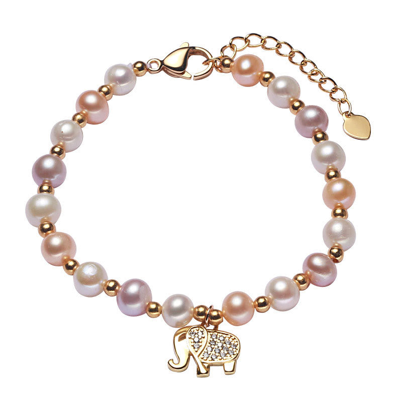 Bracelet de Sincérité Plaqué Or 18K avec Perles et Zircon Éléphant en Buddha Stones