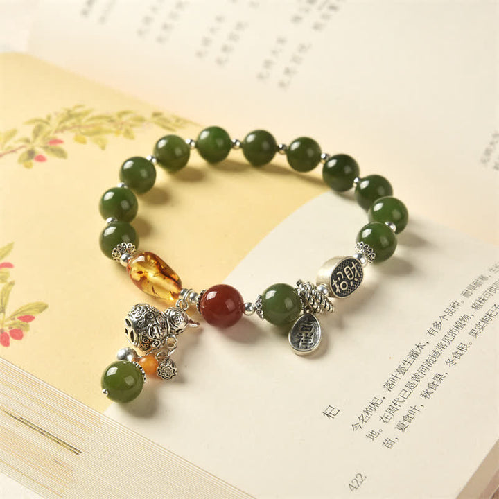 Bracelet de réussite en argent sterling 925 Buddha Stones et jade cyan Hetian