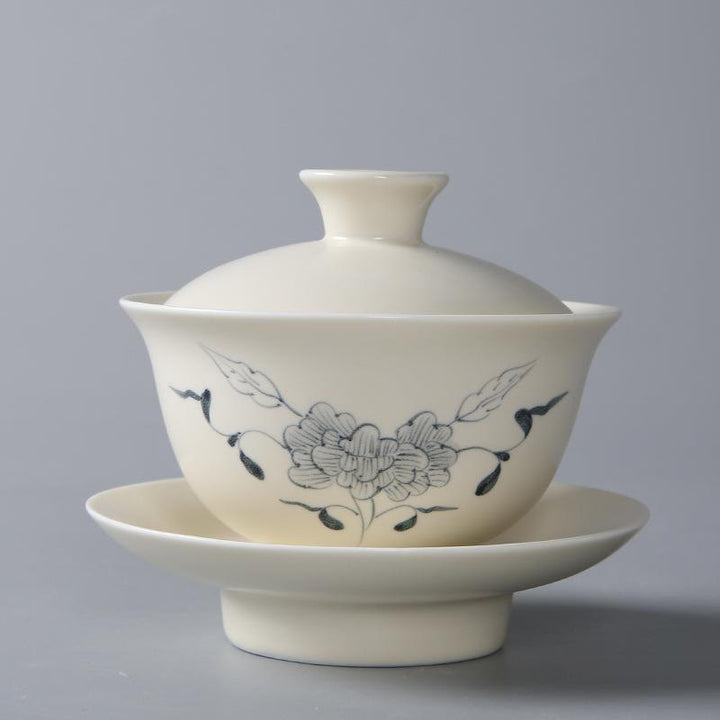 Buddha Stones peintes à la main Grenade Hibiscus Pin Lotus Céramique Gaiwan Sancai Tasse à thé Kung Fu Tasse à thé et soucoupe avec couvercle