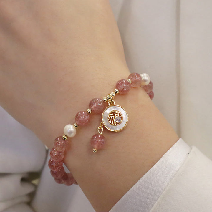 Bracelet de guérison à breloques en forme de queue de poisson avec Buddha Stones de quartz fraise et visage souriant d'élan
