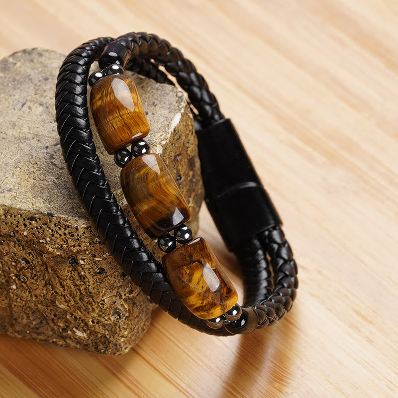 Bracelet en cuir avec boucle magnétique et protection naturelle de l'œil de tigre et des Buddha Stones