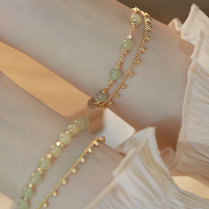 Bracelet de prospérité porte-bonheur en perles de jade Hetian plaqué or 14 carats à 2 couches