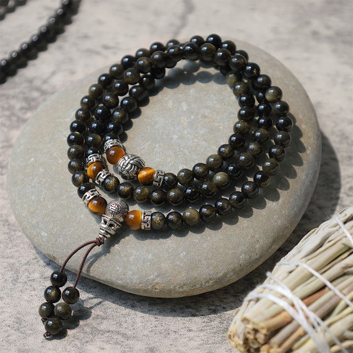 Collier Bracelet Énergie Obsidienne Dorée