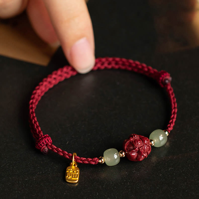 Bracelet en corde porte-bonheur en jade Hetian Buddha Stones et cinabre naturel, signe du zodiaque chinois