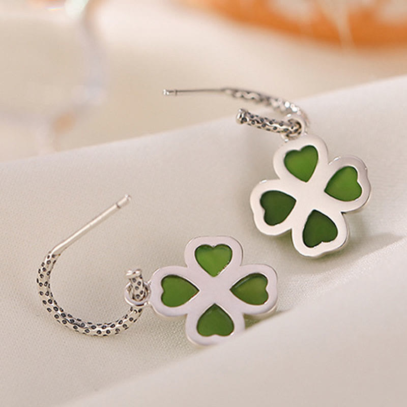 Boucles d'oreilles trèfle à quatre feuilles en argent sterling 925 et jade cyan naturel avec pierres de Buddha Stones