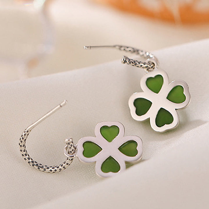 Boucles d'oreilles trèfle à quatre feuilles en argent sterling 925 et jade cyan naturel avec pierres de Buddha Stones