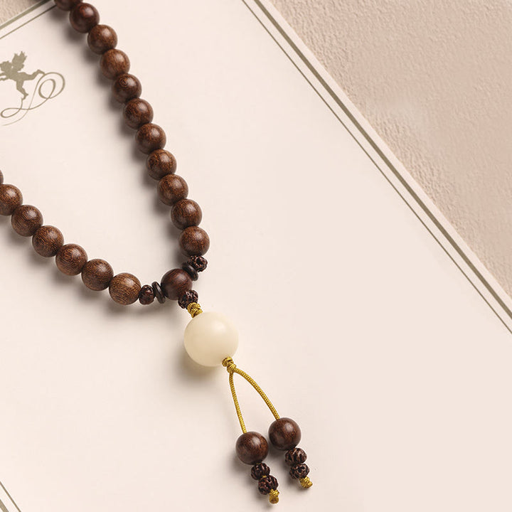 Bracelet double tour de purification en bois de santal et petites feuilles de bois de santal rouge et pierres de Buddha Stones