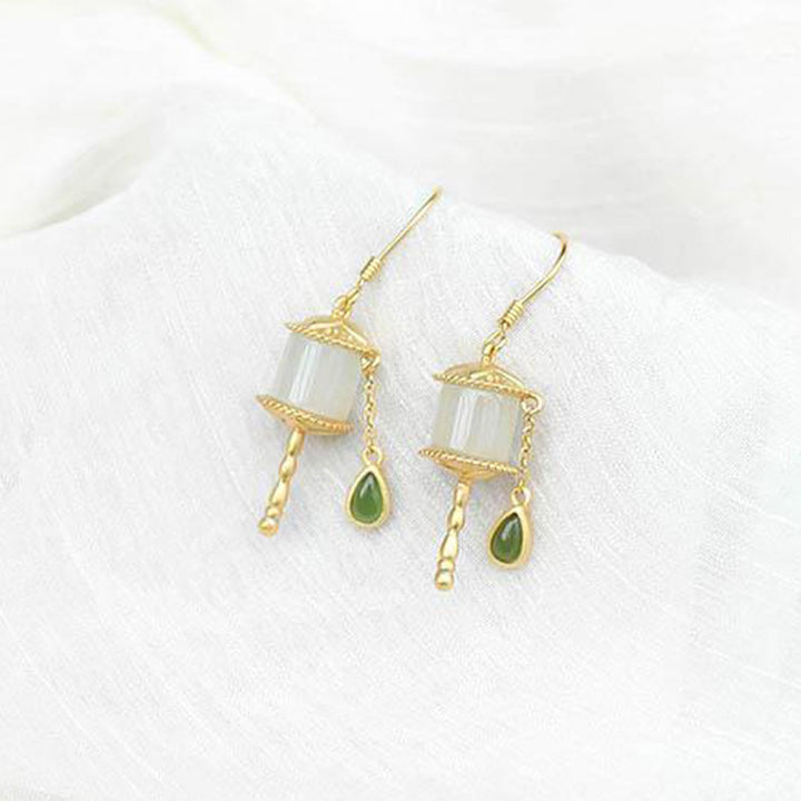 Boucles d'oreilles pendantes en argent sterling 925 et jade avec roue de prière et porte-bonheur Buddha Stones