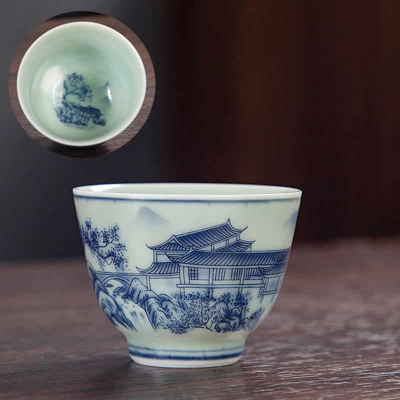 Buddha Stones Paysage bleu Montagnes Lotus Chat mignon Pavillons Magnolia Roseaux Aigrettes Tasse à thé en céramique Petite tasse à thé Kung Fu