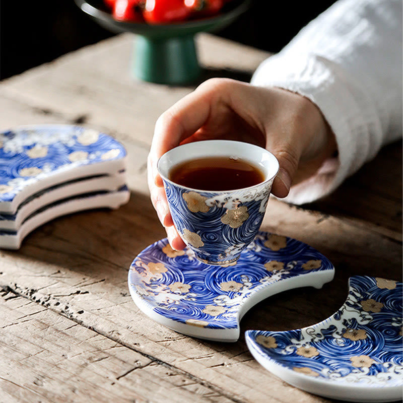Tasse à thé en céramique avec Buddha Stones et vagues de l'océan vintage