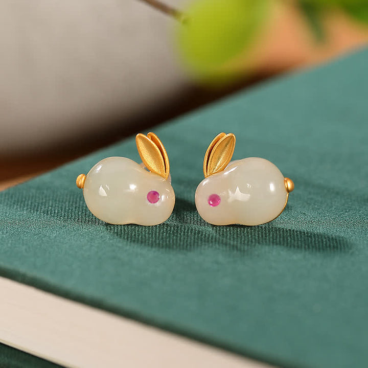 Boucles d'oreilles et collier porte-bonheur en jade Hetian en argent sterling 925 avec Buddha Stones Année du lapin