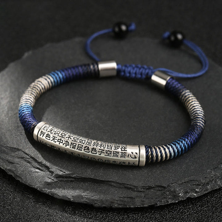 Bracelet tressé fait main en argent sterling 999 Buddha Stones et cœur Sutra Calme
