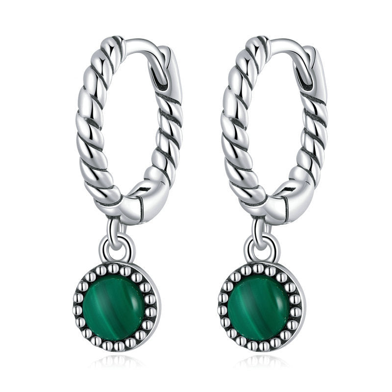 Boucles d'oreilles pendantes anti-anxiété en argent sterling 925 avec malachite ronde - Malachite (Anti-anxiété ♥ Protection) - image 0