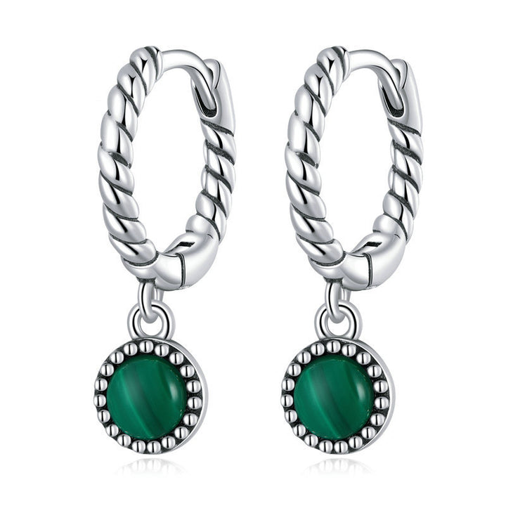 Boucles d'oreilles pendantes anti-anxiété en argent sterling 925 avec malachite ronde - Malachite (Anti-anxiété ♥ Protection) - image 0