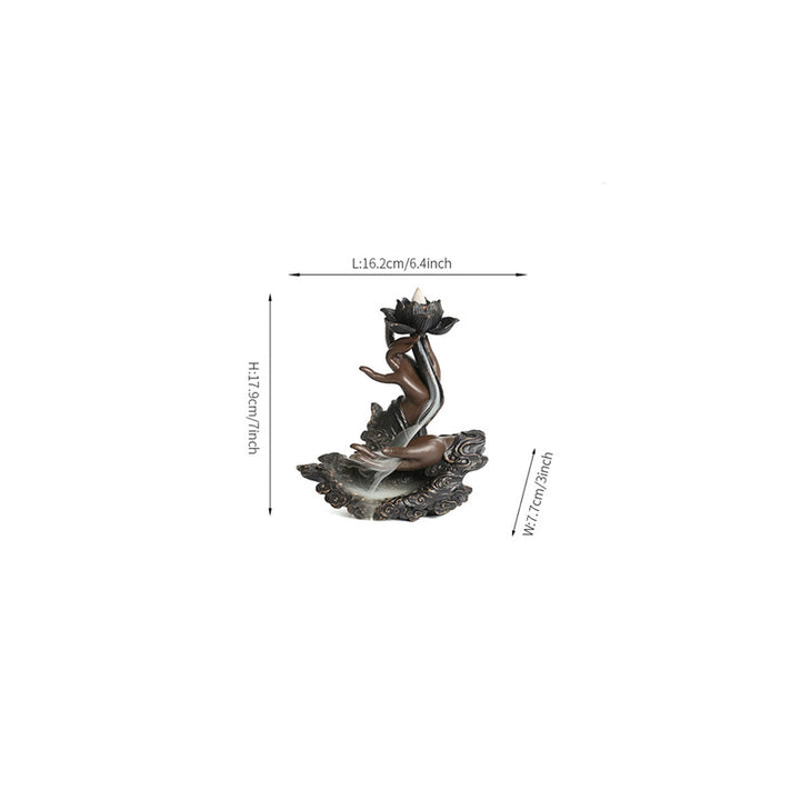 Brûleur d'encens à reflux en résine avec Buddha Stones et main de Bouddha, motif de nuages propices, méditation