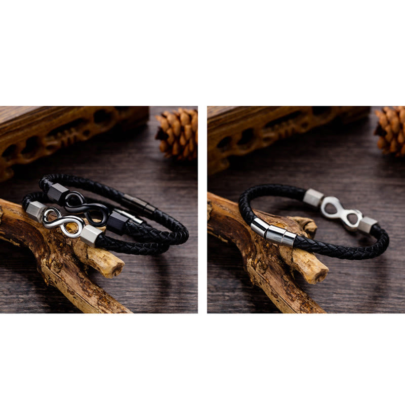 Bracelet d'équilibre en cuir tissé avec nœud sans fin en acier titane et Buddha Stones