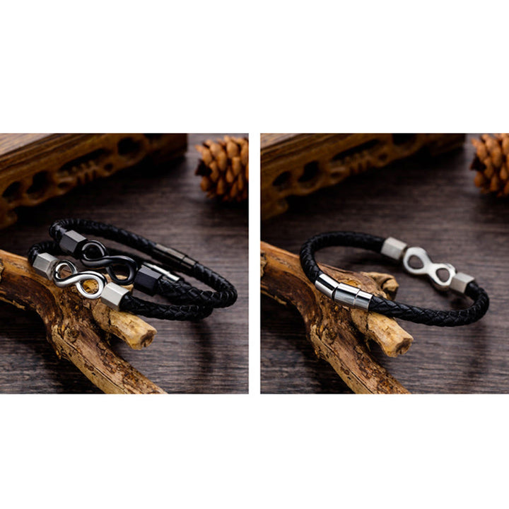 Bracelet d'équilibre en cuir tissé avec nœud sans fin en acier titane et Buddha Stones