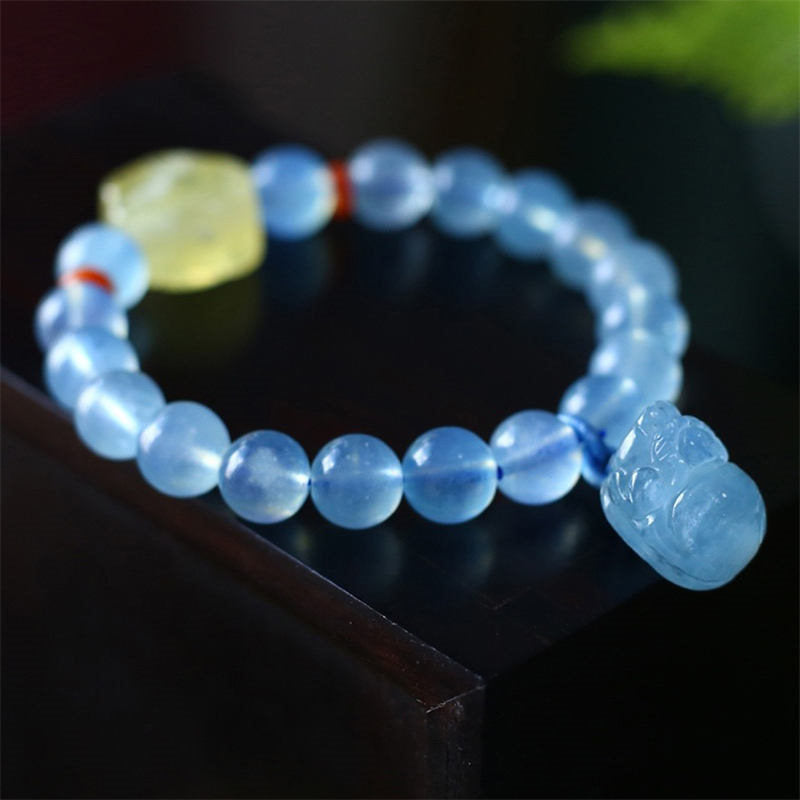 Bracelet à breloques de guérison et de paix Pixiu en ambre et aigue-marine naturelle - image 5