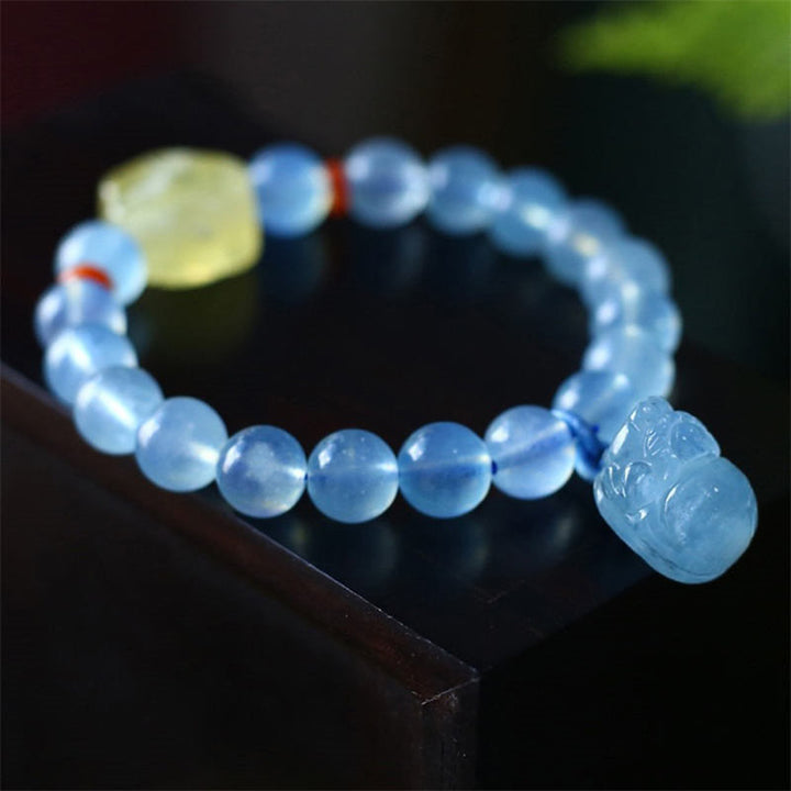Bracelet à breloques de guérison et de paix Pixiu en ambre et aigue-marine naturelle - image 5