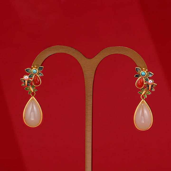 Boucles d'oreilles pendantes en forme de goutte d'eau Buddha Stones, jade blanc, agate rouge, papillon, protection