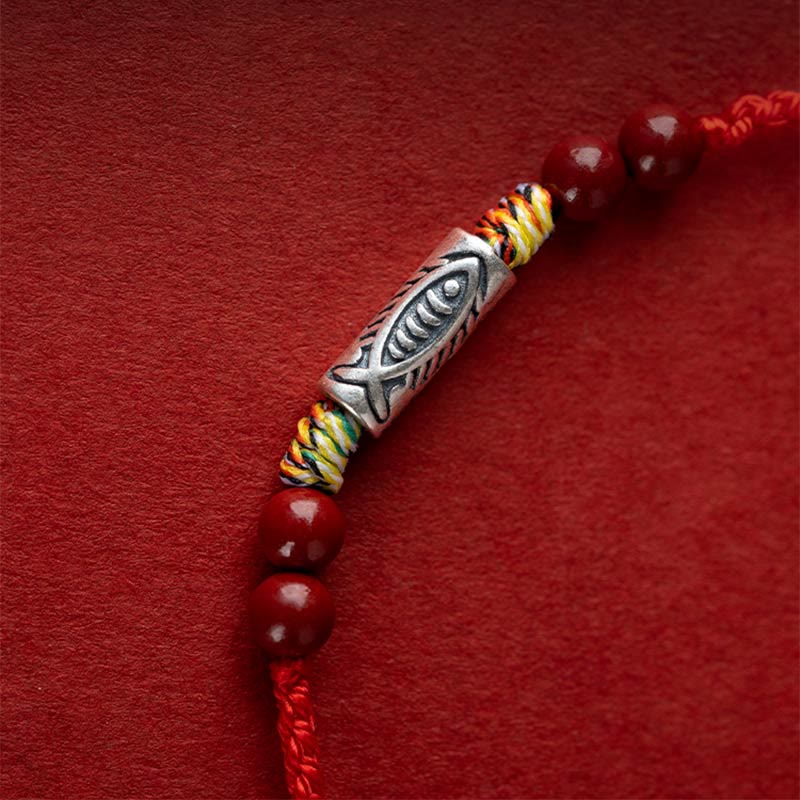 Bracelet de cheville tressé artisanal en argent sterling 925 avec perles de cinabre et poisson koï de Buddha Stones