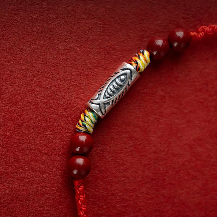 Bracelet de cheville tressé artisanal en argent sterling 925 avec perles de cinabre et poisson koï de Buddha Stones