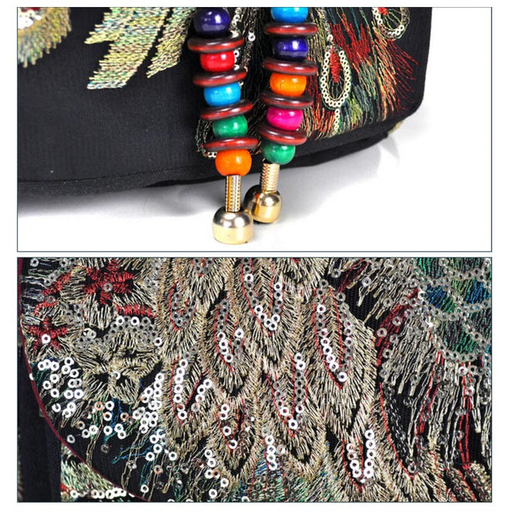 Sac à dos à pompons en toile avec broderies de paon et Buddha Stones