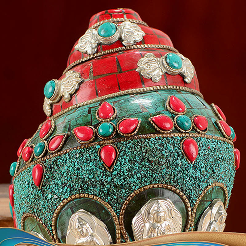 Tibétain fait à la main Shankha Om Mani Padme Hum bouddha Avalokitesvara coquille de conque Turquoise décoration positive - image 5
