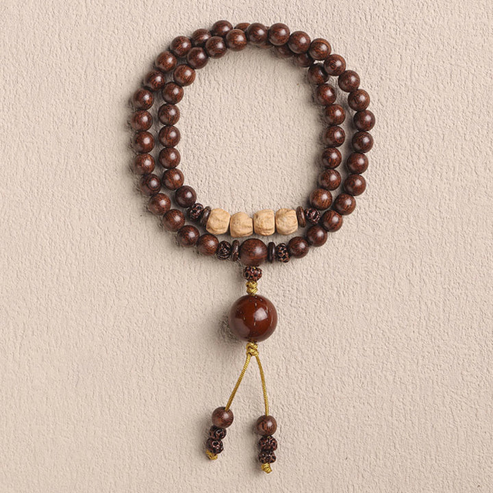 Bracelet double tour de purification en bois de santal et petites feuilles de bois de santal rouge et pierres de Buddha Stones