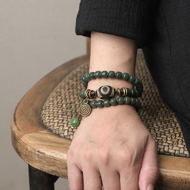 Bracelet triple tour en perles de Bodhi Dzi cyan avec perles de sagesse et de paix