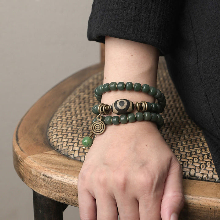 Bracelet triple tour en perles de Bodhi Dzi cyan avec perles de sagesse et de paix