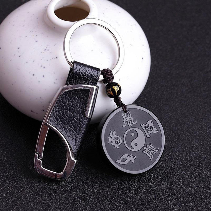 Buddha Stones Obsidienne Noire Naturelle Taoïsme Cinq Montagnes Sacrées Mantra à Neuf Caractères Sculpté Force Yin Yang Collier Pendentif Porte-clés - Obsidienne noire et porte-clés - image 8