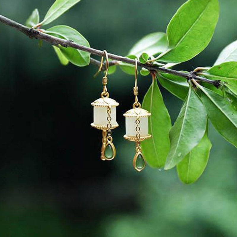 Boucles d'oreilles pendantes en argent sterling 925 et jade avec roue de prière et porte-bonheur Buddha Stones